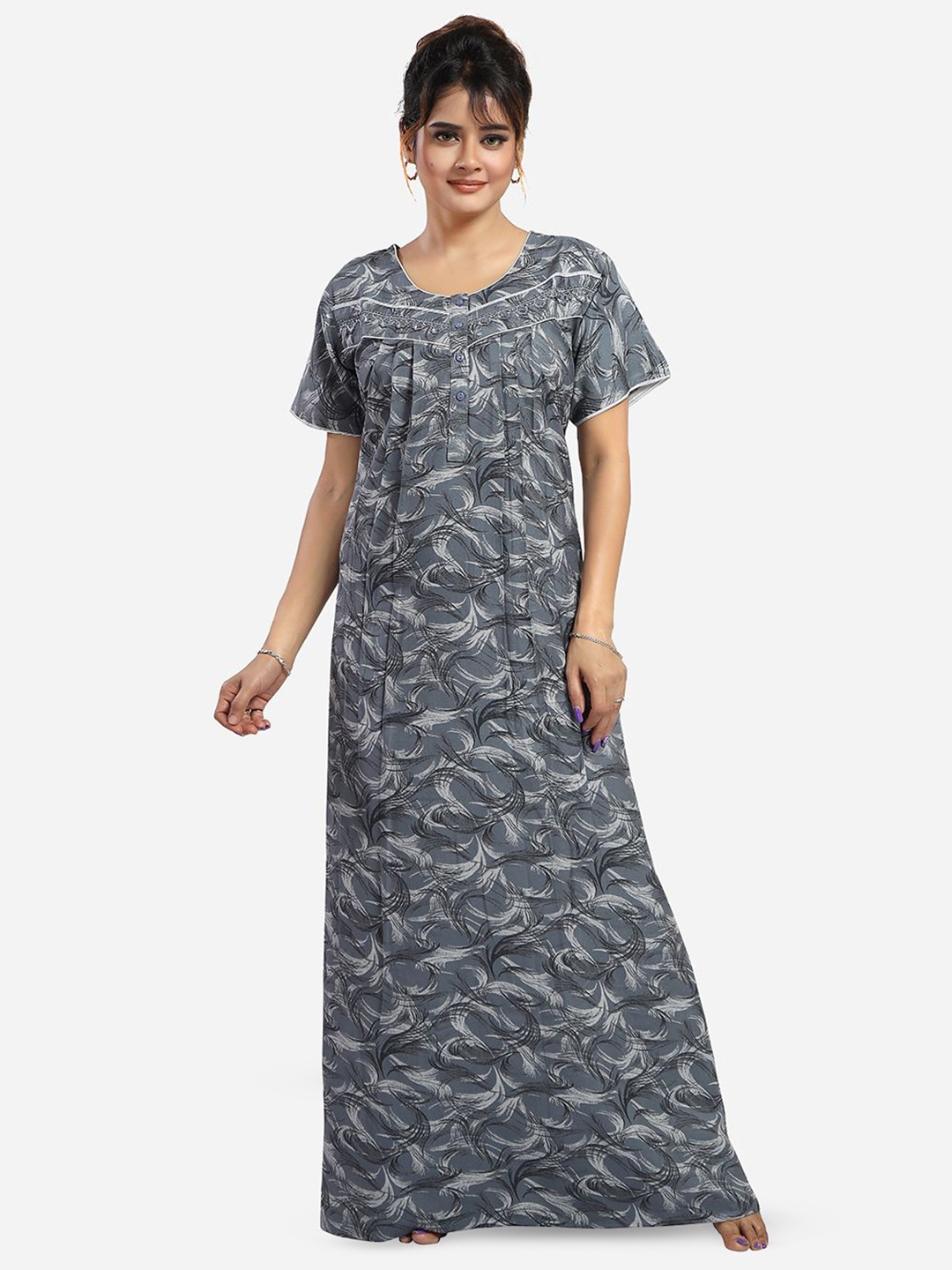 

NIGHT QUEEN Round Neck Short Sleeves Printed Maxi Nightdress, Grey