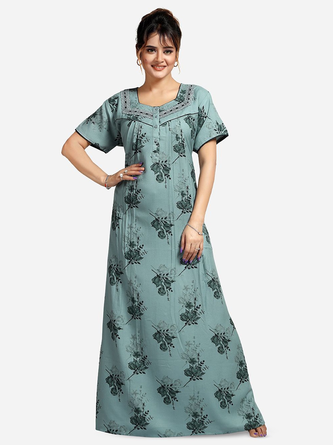 

NIGHT QUEEN Sweetheart Neck Short Sleeves Printed Maxi Nightdress, Green