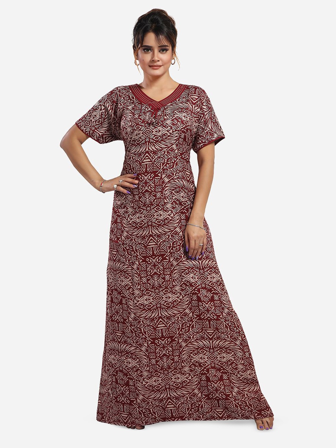 

NIGHT QUEEN V Neck Short Sleeves Printed Maxi Nightdress, Maroon