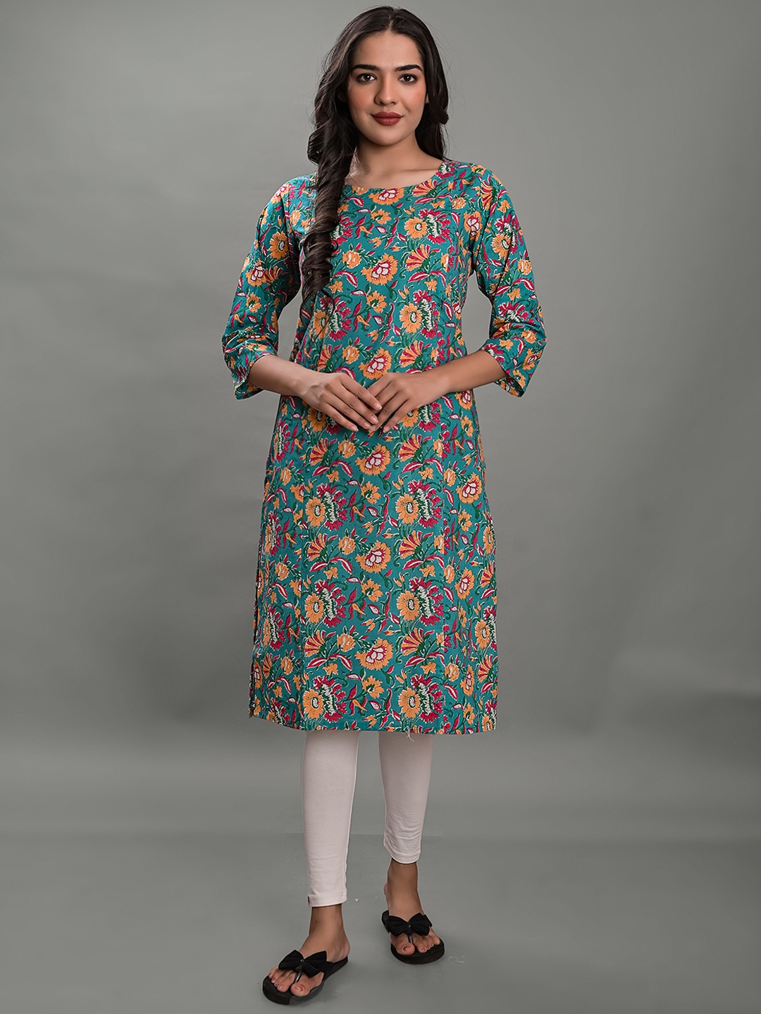 KALINI Round Neck Floral Printed Cotton Straight Kurta, Turquoise blue