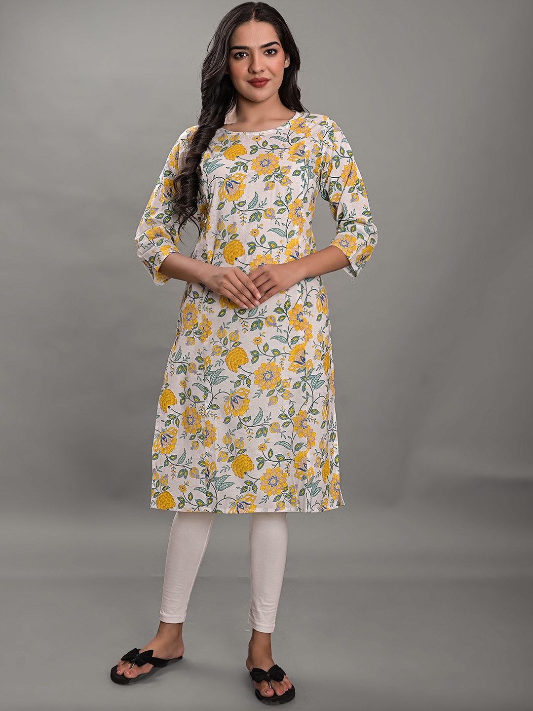 

KALINI Round Neck Floral Printed Maternity Kurta, White