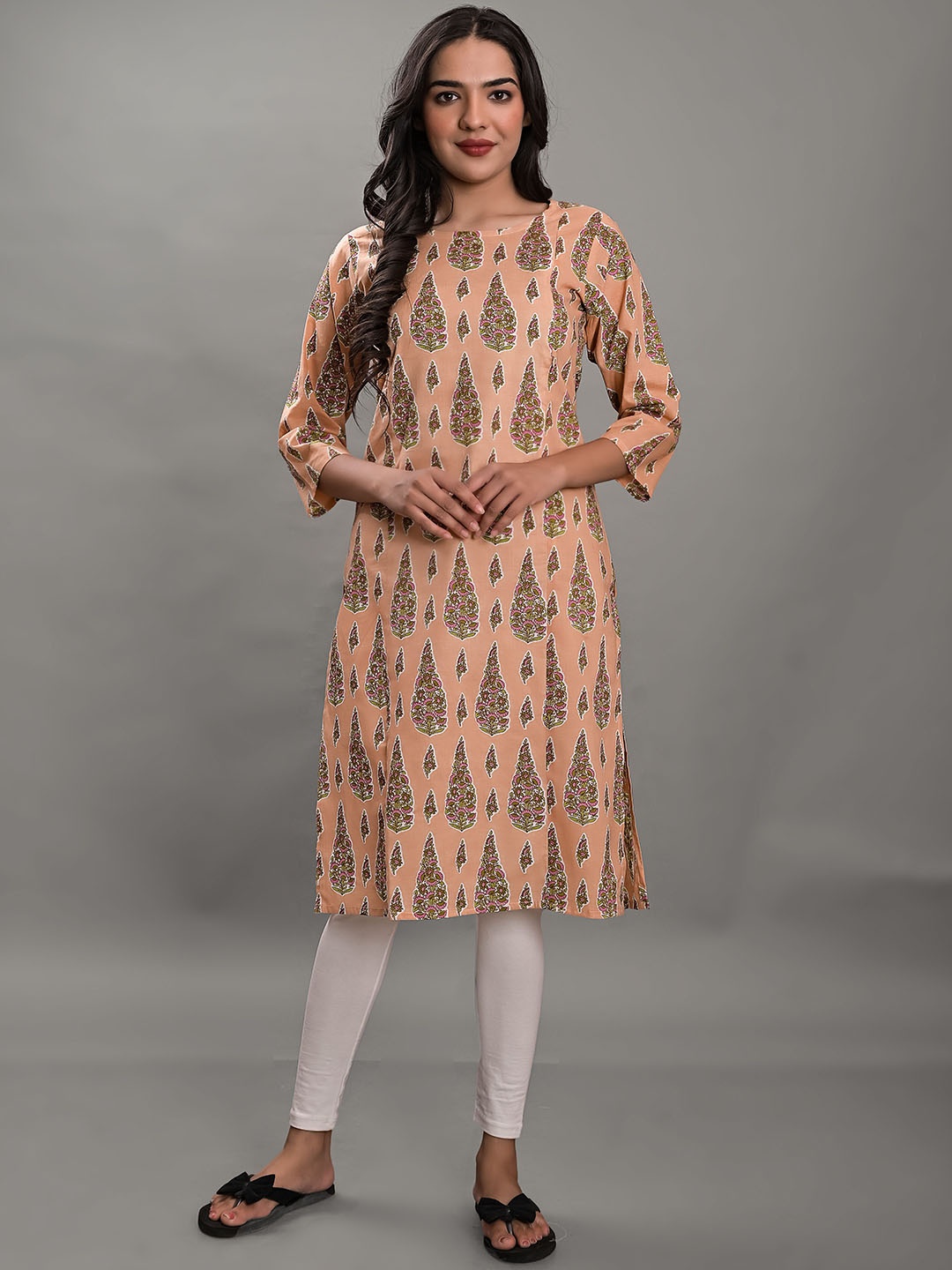 

KALINI Round Neck Ethnic Motifs Printed Cotton Straight Kurta, Beige