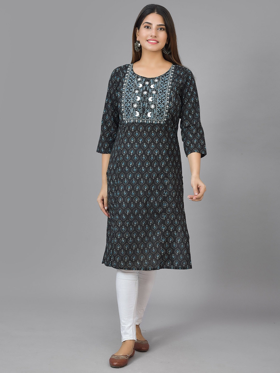 

KALINI Round Neck Ethnic Motifs Printed Thread Work Cotton Maternity Kurta, Black