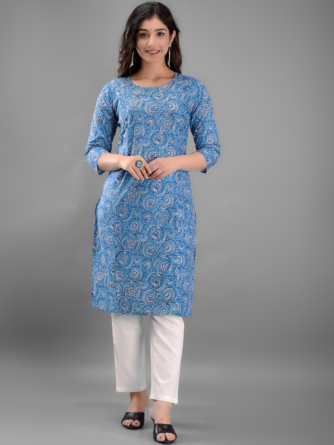 

KALINI Round Neck Ethnic Motifs Printed Maternity Cotton Straight Kurta, Blue