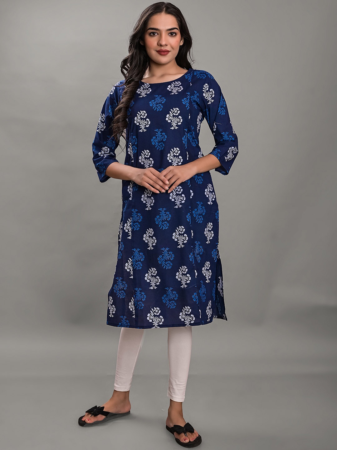 

KALINI Round Neck Floral Printed Cotton Straight Kurta, Navy blue