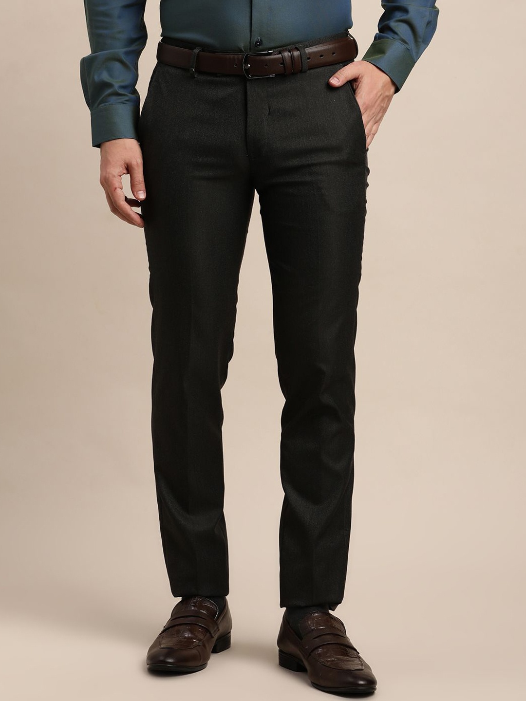 

Turtle Men Textured Tailored Skinny Fit Trousers, Black