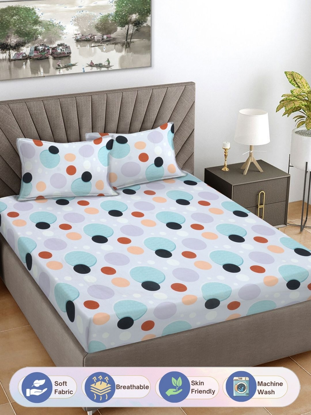 

FABINALIV White & Purple Geometric Print 300 TC King Size Bedsheet & 2 Pillow Covers
