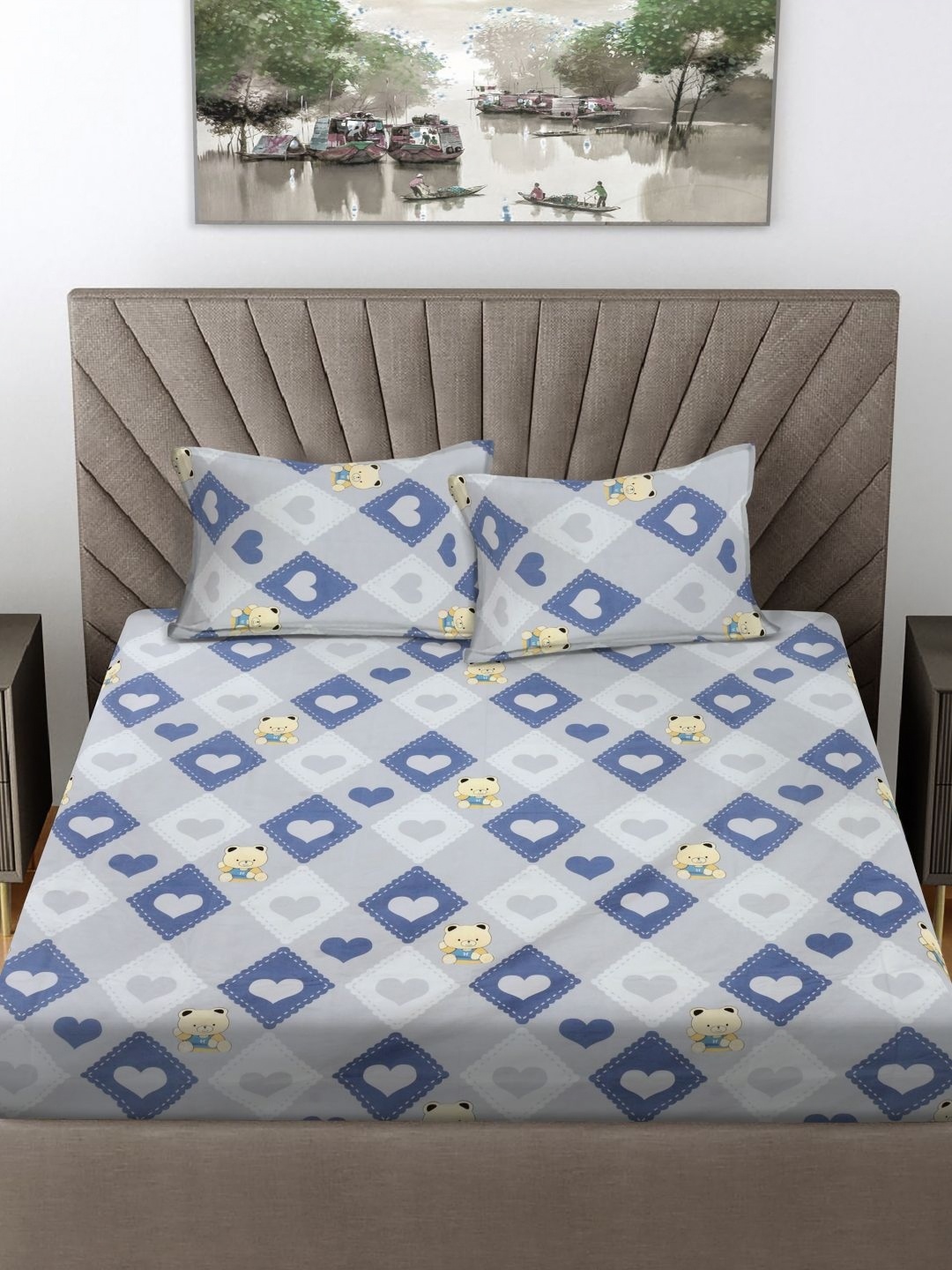 

FABINALIV Blue & Grey Cartoon Print 300 TC King Size Bedsheet & 2 Pillow Covers