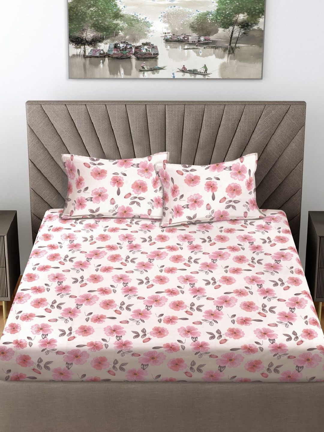 

FABINALIV White & Pink Floral Print 300 TC King Size Bedsheet & 2 Pillow Covers