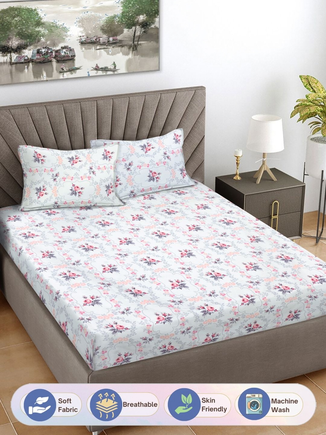 

FABINALIV White & Pink Floral Print 300 TC King Size Bedsheet & 2 Pillow Covers