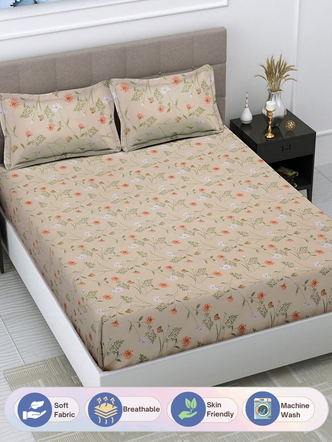 

FABINALIV Brown & Green Floral Print 300 TC King Size Bedsheet & 2 Pillow Covers