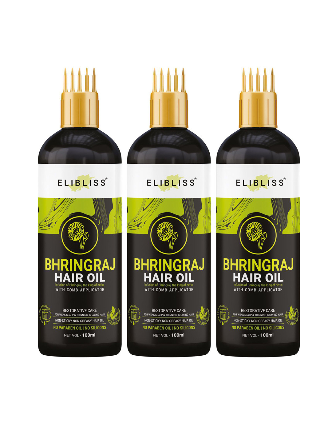 

ELIBLISS Set of 3 Bhringraj Hair Oil with Comb Applicator- 100 ml each, Green