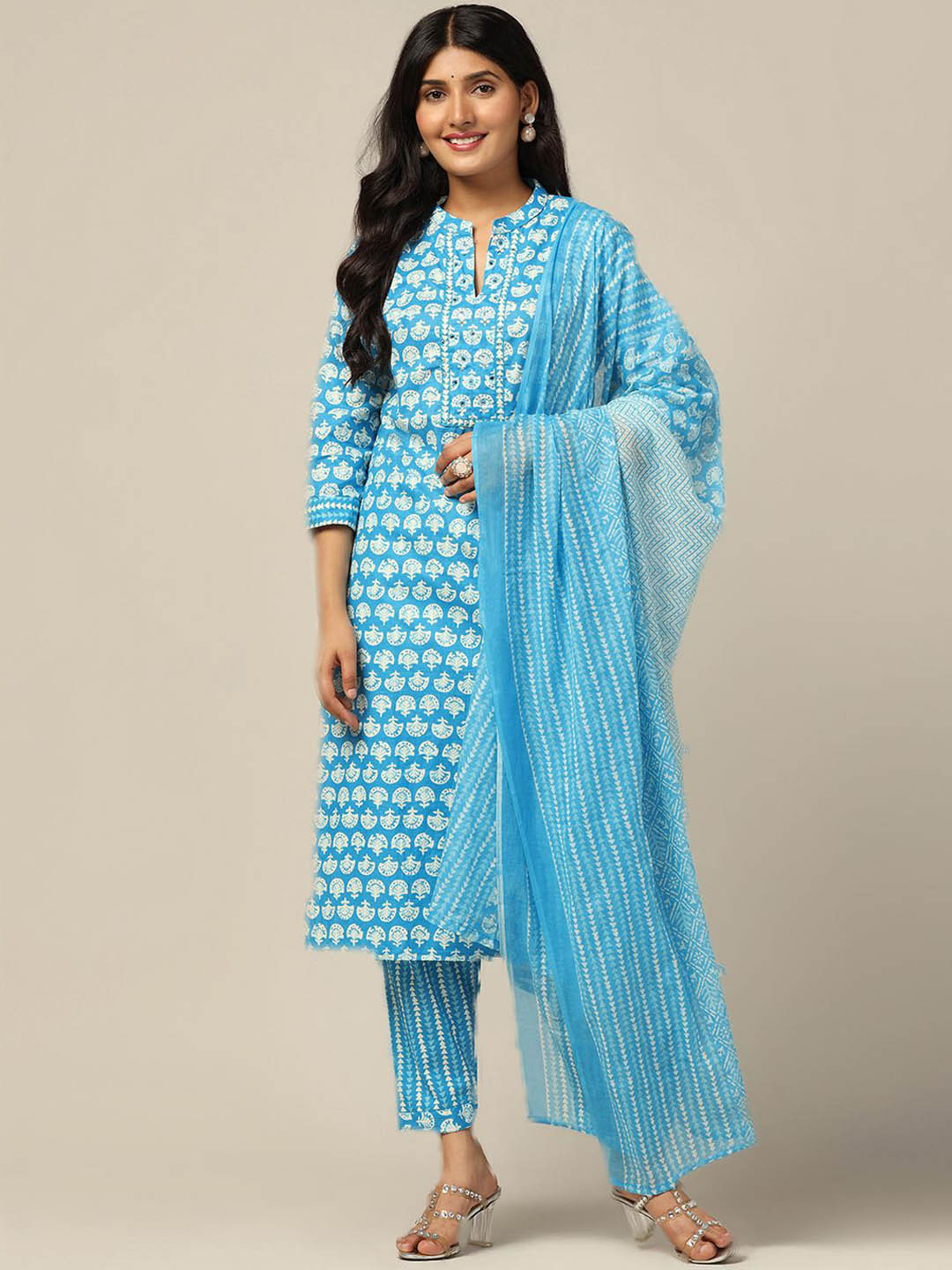 

FASHION DREAM Floral Printed Mandarin Collar Mirror Work Kurta With Trousers & Dupatta, Blue