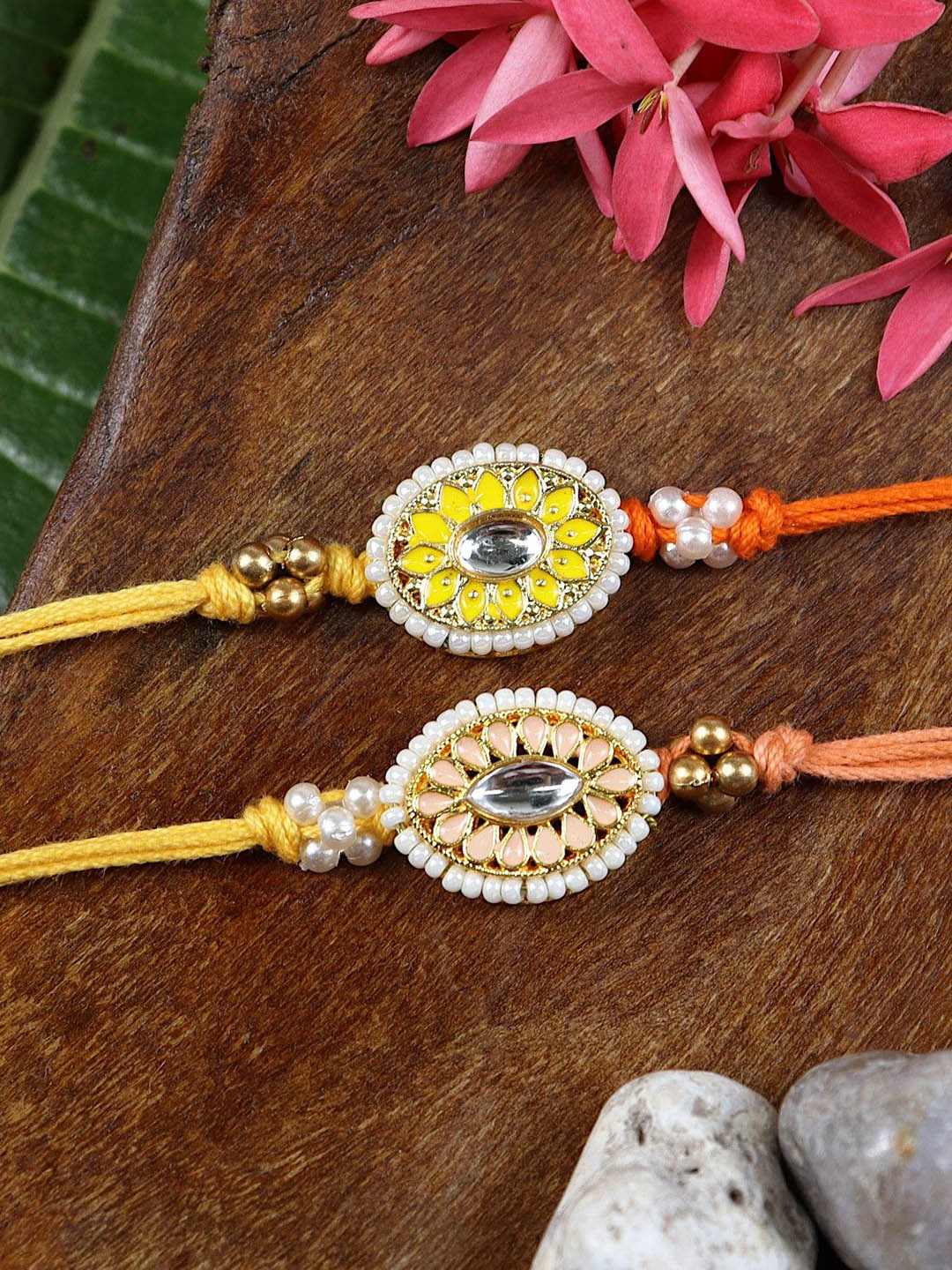

Asthetika Set of 2 Meena Kundan Stone-Studed Rakhis in Greeting Card with Roli Chawal, Orange