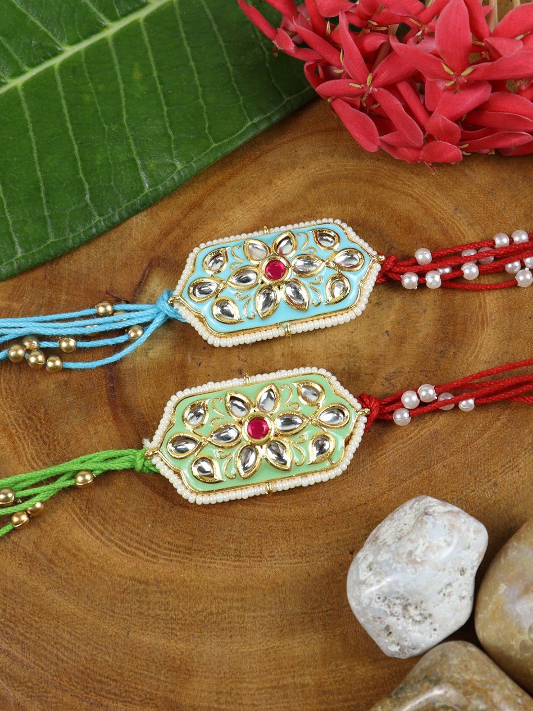 

Asthetika Set Of 2 Kundan Stone Studded Rakhis in Greeting Card with Roli Chawal, Gold