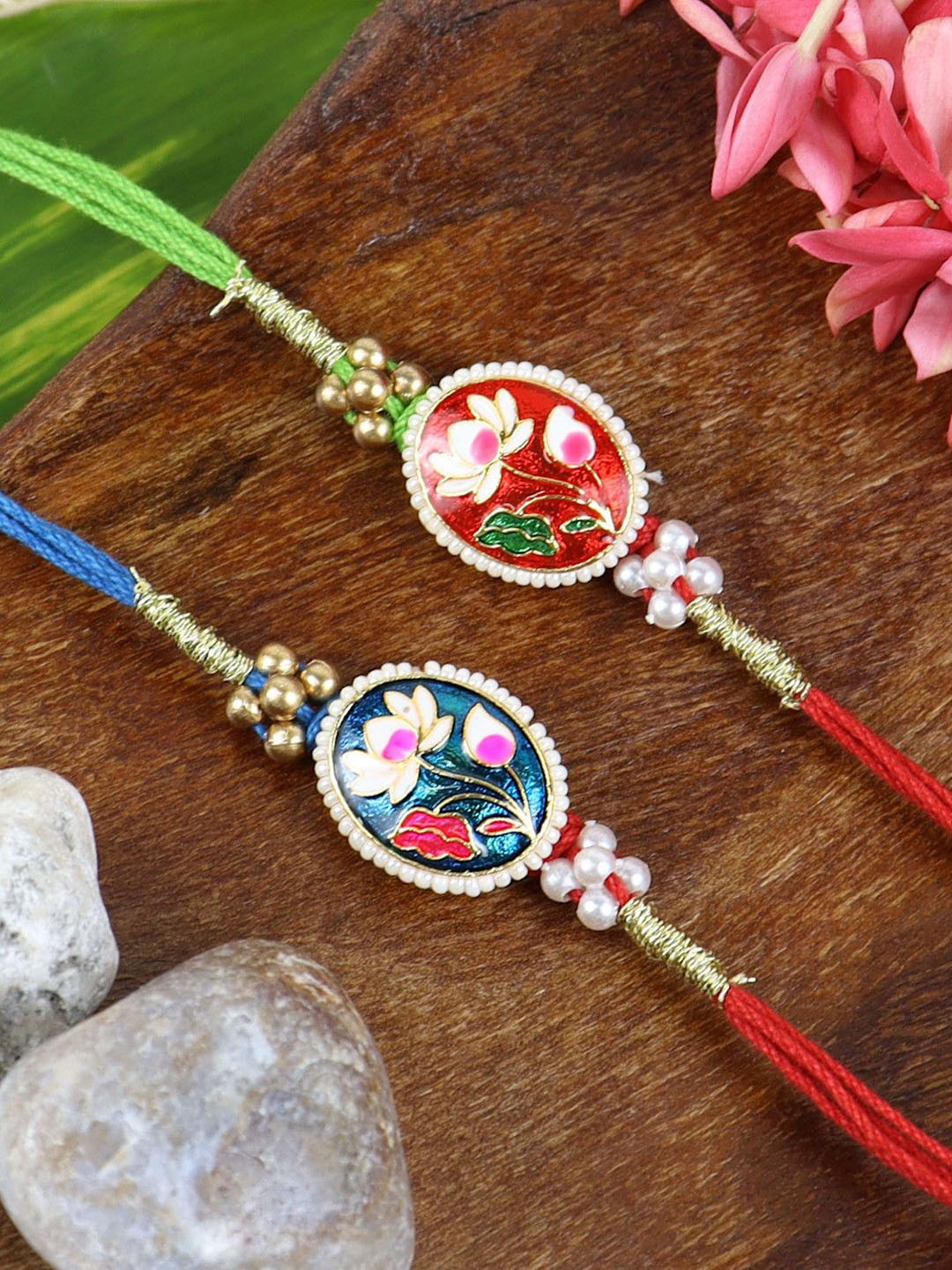 

Asthetika Set of 2 Meenakari Floral Rakhis in Greeting Card with Roli Chawal, Red