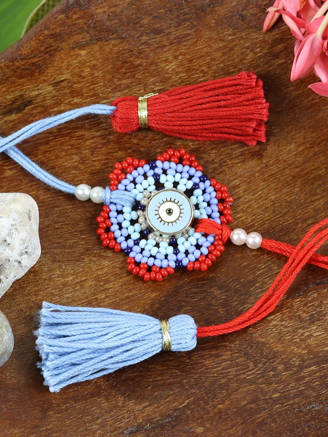 

Asthetika Evil Eye Beaded Rakhi with Roli Chawal & Greeting Card, Blue