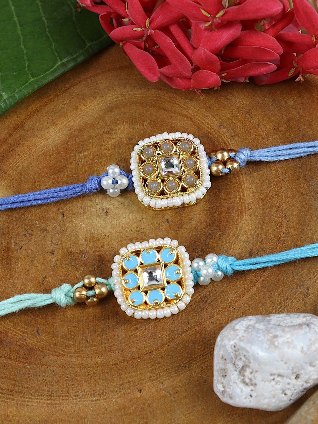 

Asthetika Set of 2 Meena Kundan Stone-Studed Rakhis in Greeting Card with Roli Chawal, Blue