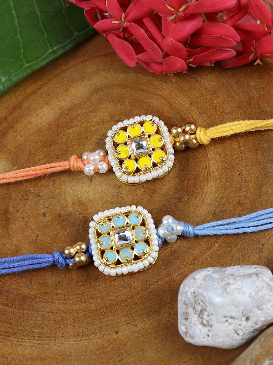 

Asthetika Set of 2 Meena Kundan Stone-Studed Rakhis in Greeting Card with Roli Chawal, Blue