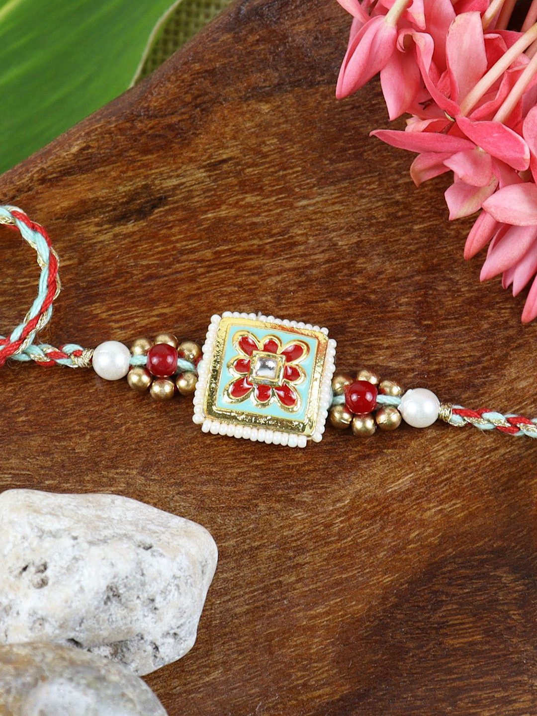 

Asthetika Meena Kundan Stone Rakhi in Greeting Card with Roli Chawal, Red