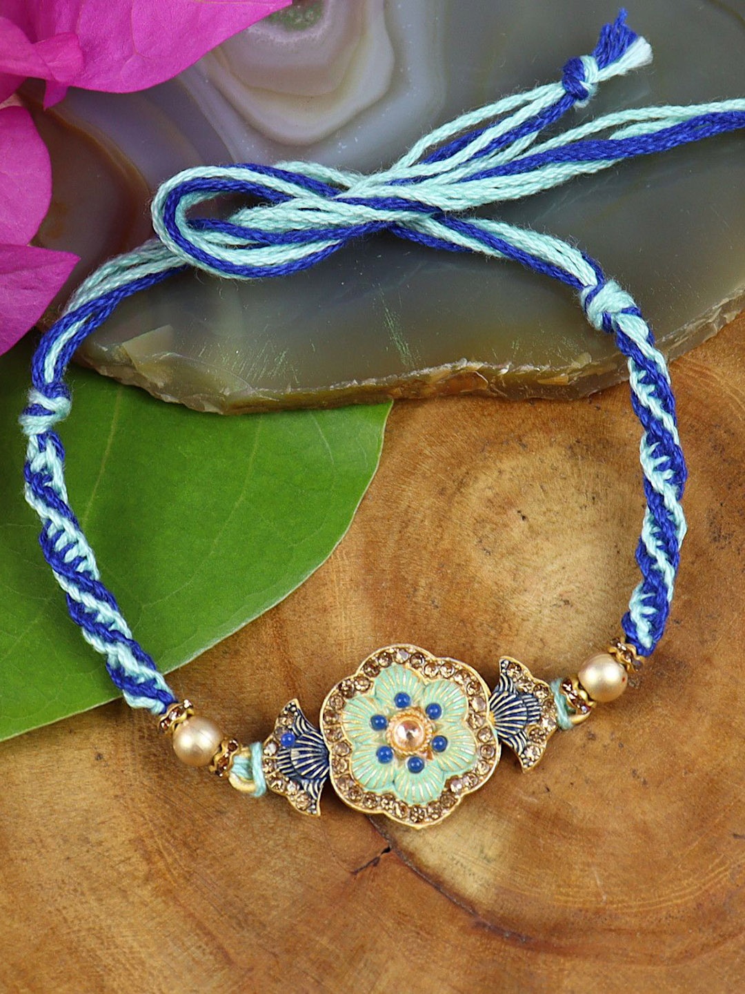 

Asthetika Meenakari Floral Design Rakhi in Greeting Card with Roli Chawal, Blue