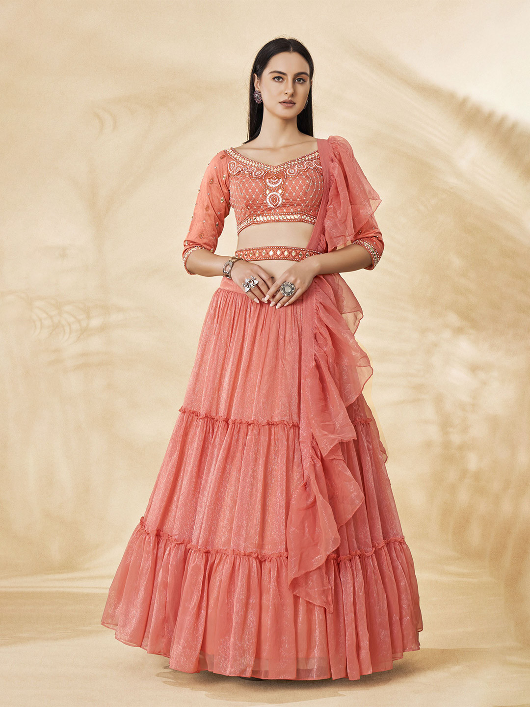 

Fusionic Embroidered Mirror Work Semi-Stitched Lehenga & Blouse With Dupatta, Coral