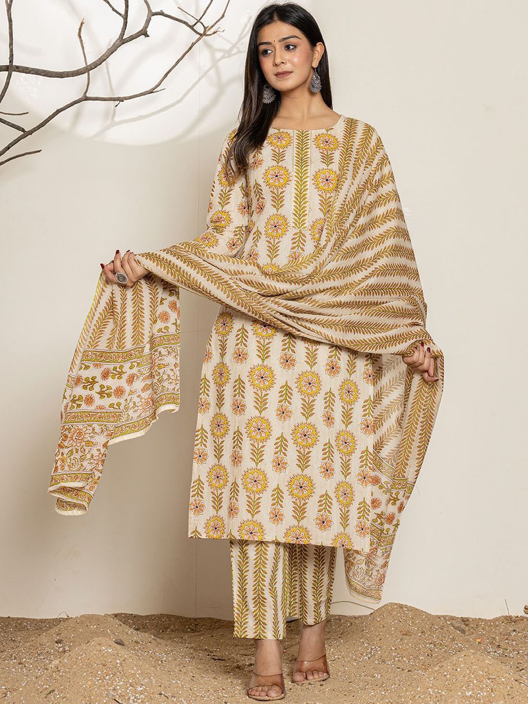 

Yufta Round Neck Floral Printed Gotta Patti Pure Cotton Kurta with Trouser & Dupatta, Mustard