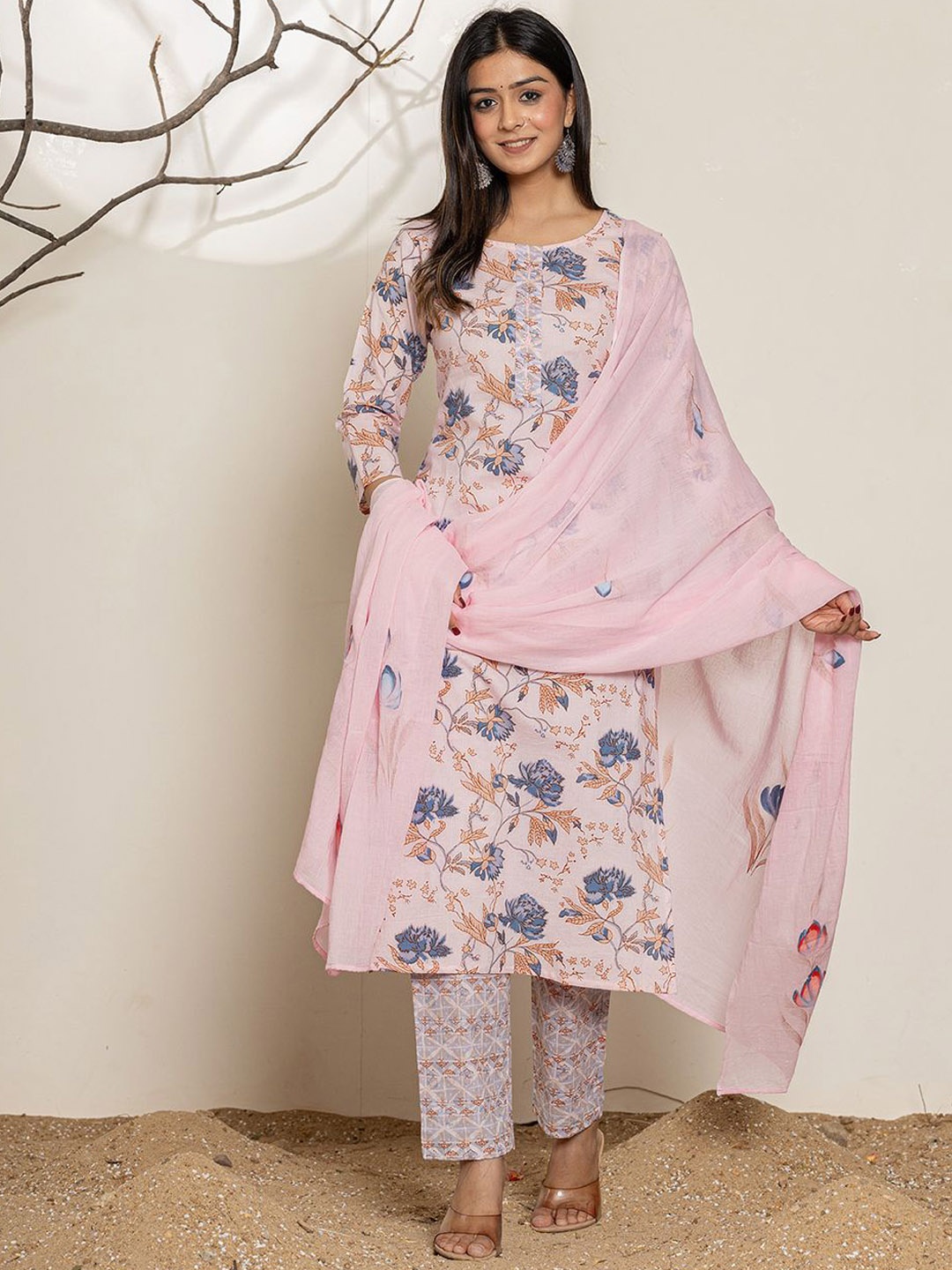 

Yufta Round Neck Floral Printed Sequinned Pure Cotton Straight Kurta & Trouser & Dupatta, Pink