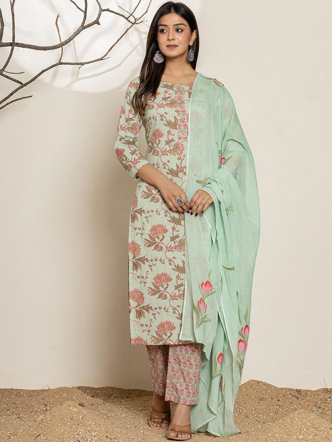 

Yufta Floral Printed Sequinned Pure Cotton Straight Kurta With Trousers & Dupatta, Green