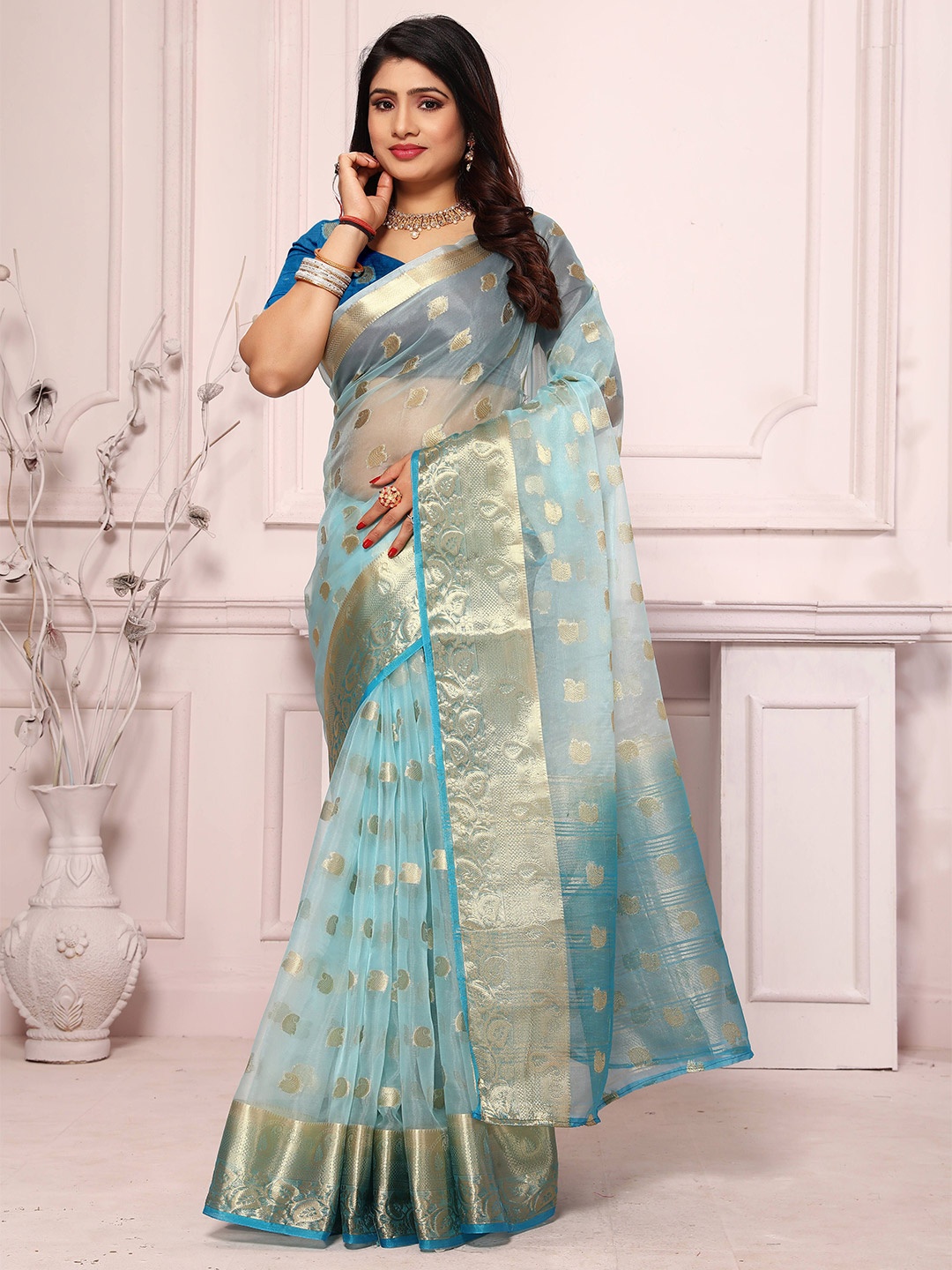 

suyukti creation Ethnic Motifs Zari Organza Saree, Blue