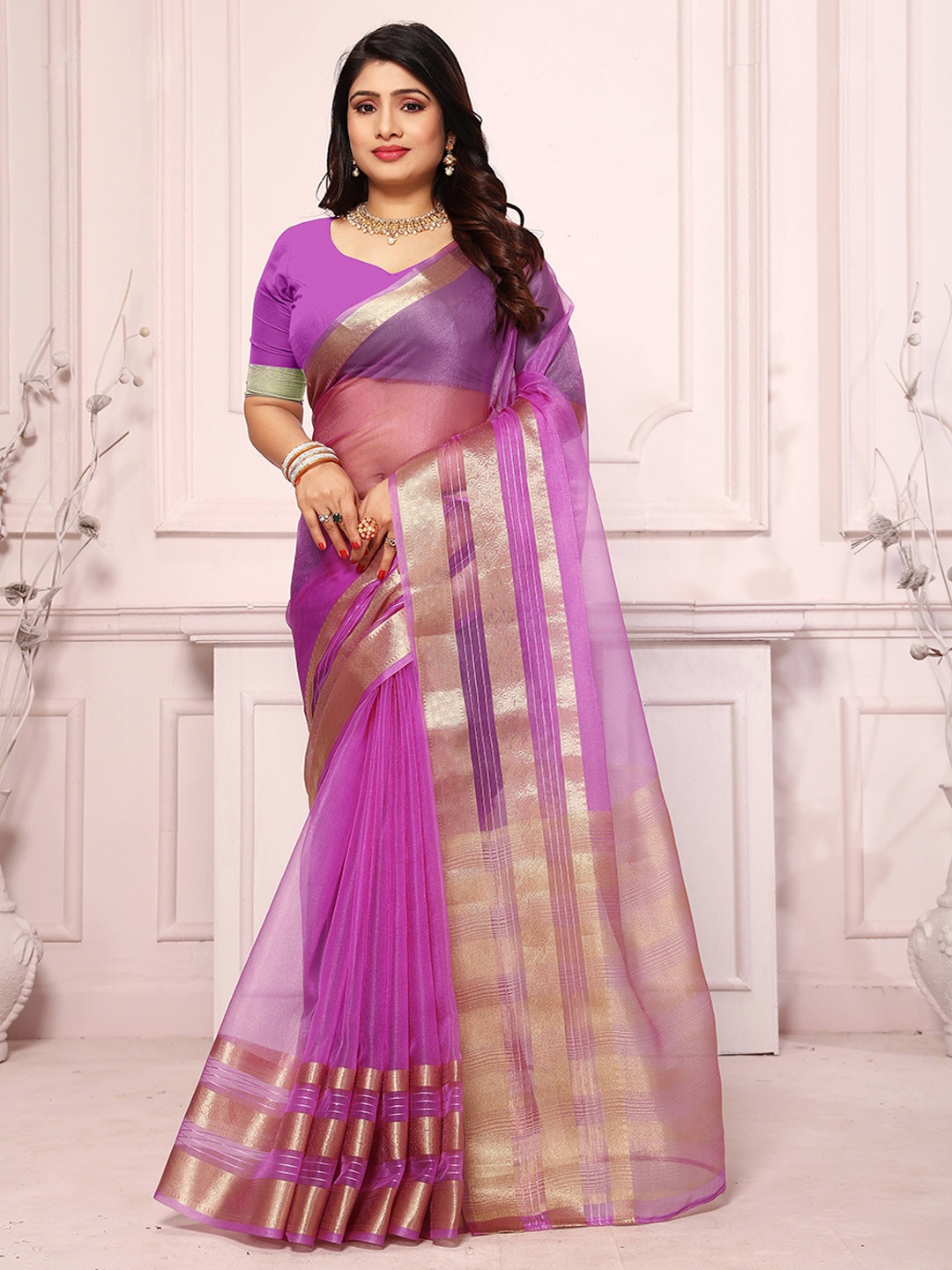

suyukti creation Zari Organza Saree, Purple