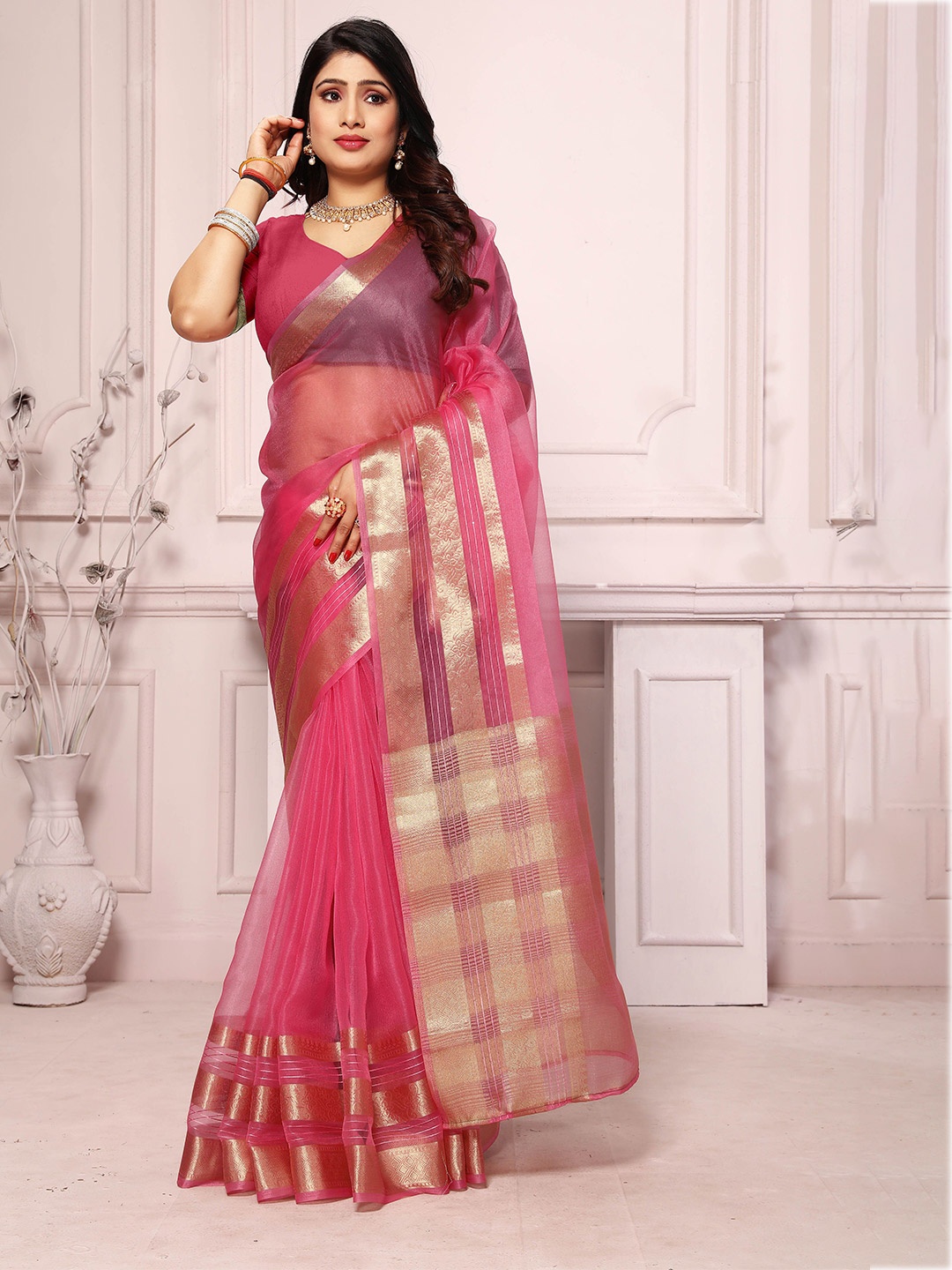 

suyukti creation Woven Design Zari Organza Saree, Pink