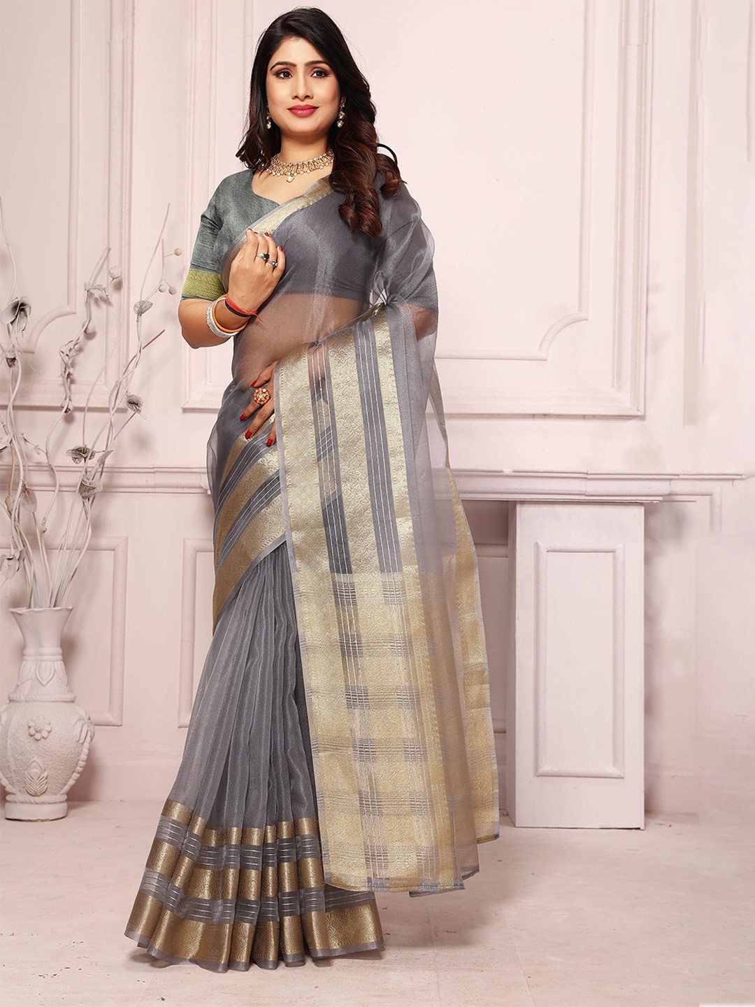 

suyukti creation Woven Design Zari Organza Saree, Grey