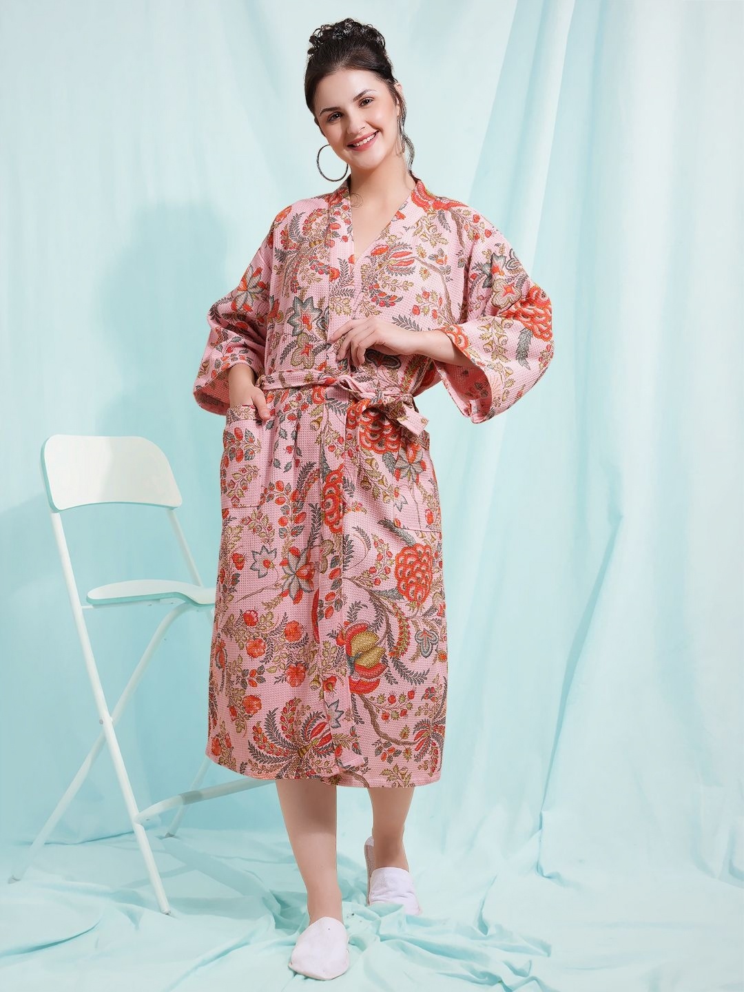 

HotGown Women Red & Pink Printed Pure Cotton Bath Robe