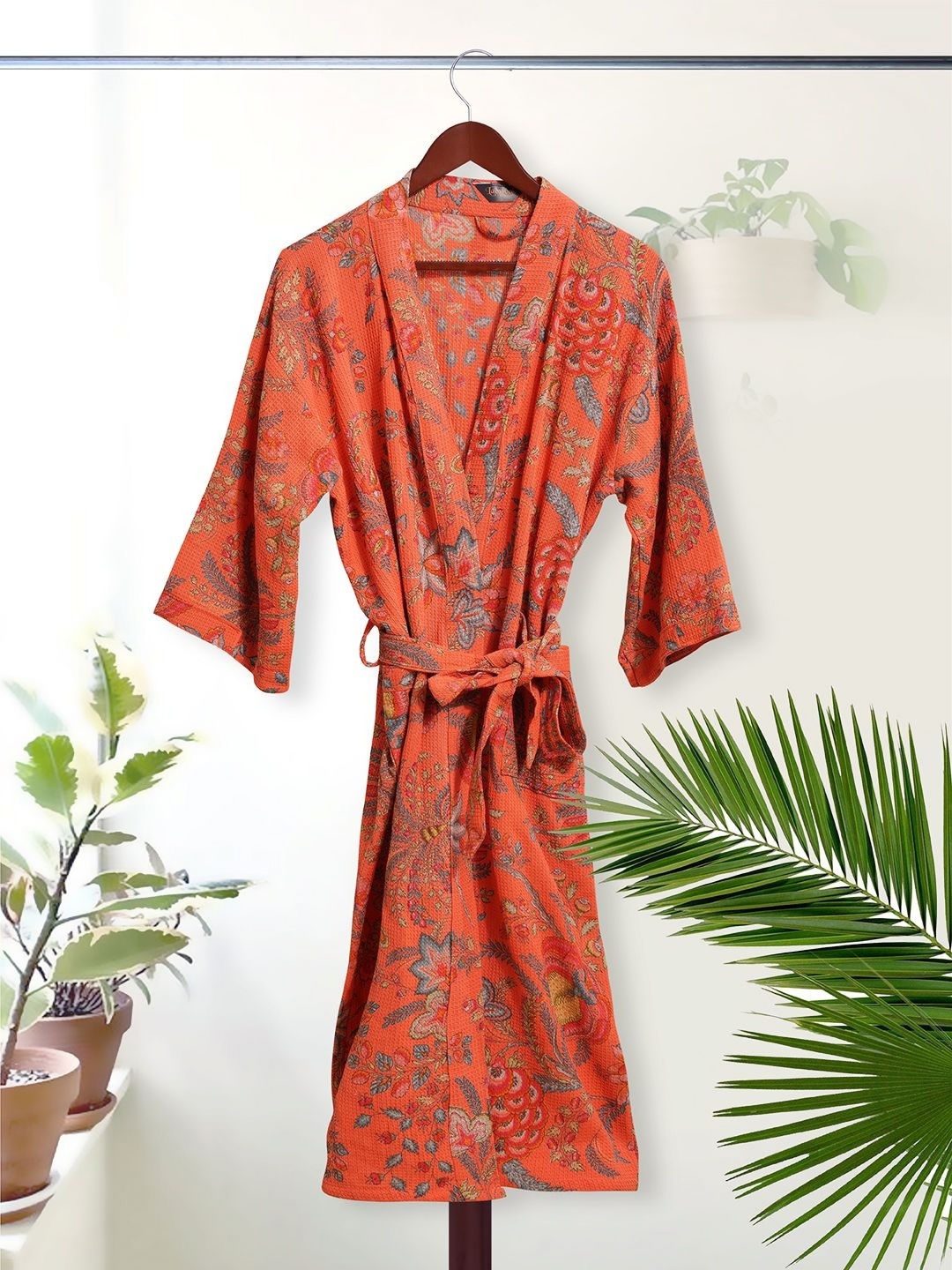 

HotGown Women Orange & Grey Printed Pure Cotton Bath Robe