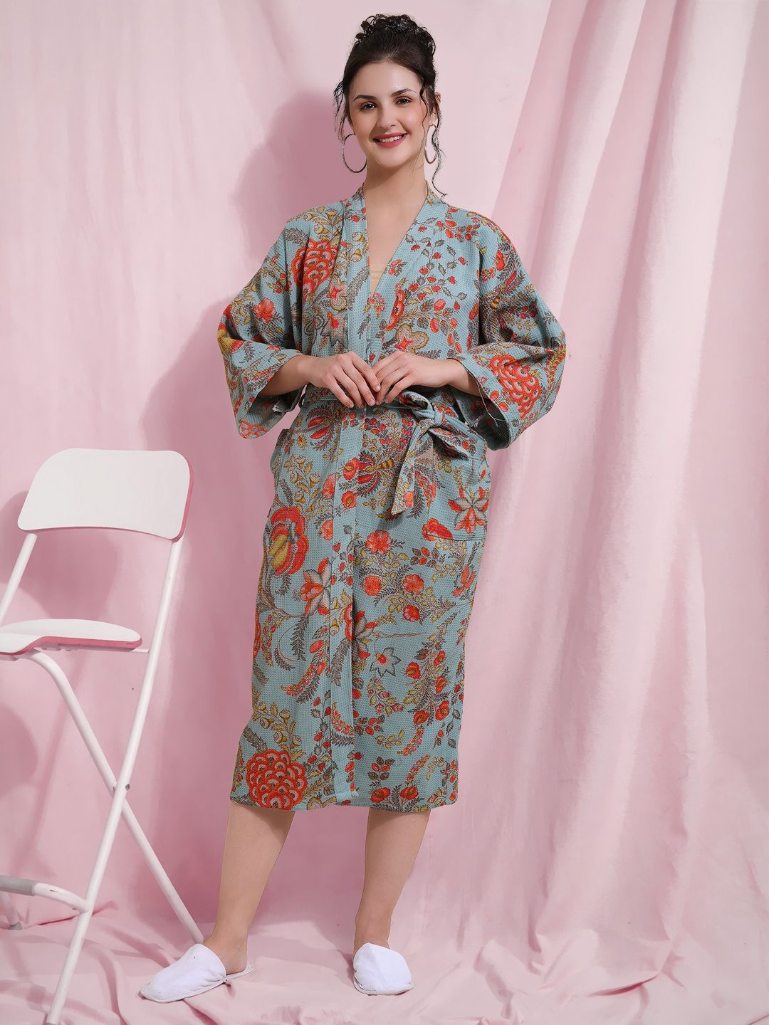 

HotGown Women Blue & Orange Printed Pure Cotton Bath Robe