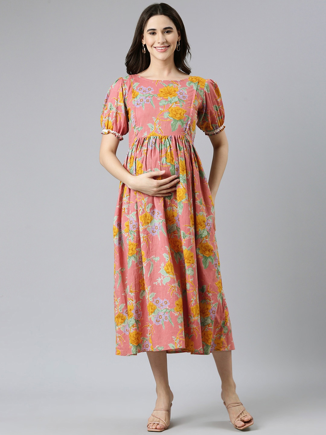 

Swishchick Floral Print Puff Sleeves Maternity Fit & Flare Midi Dress, Pink
