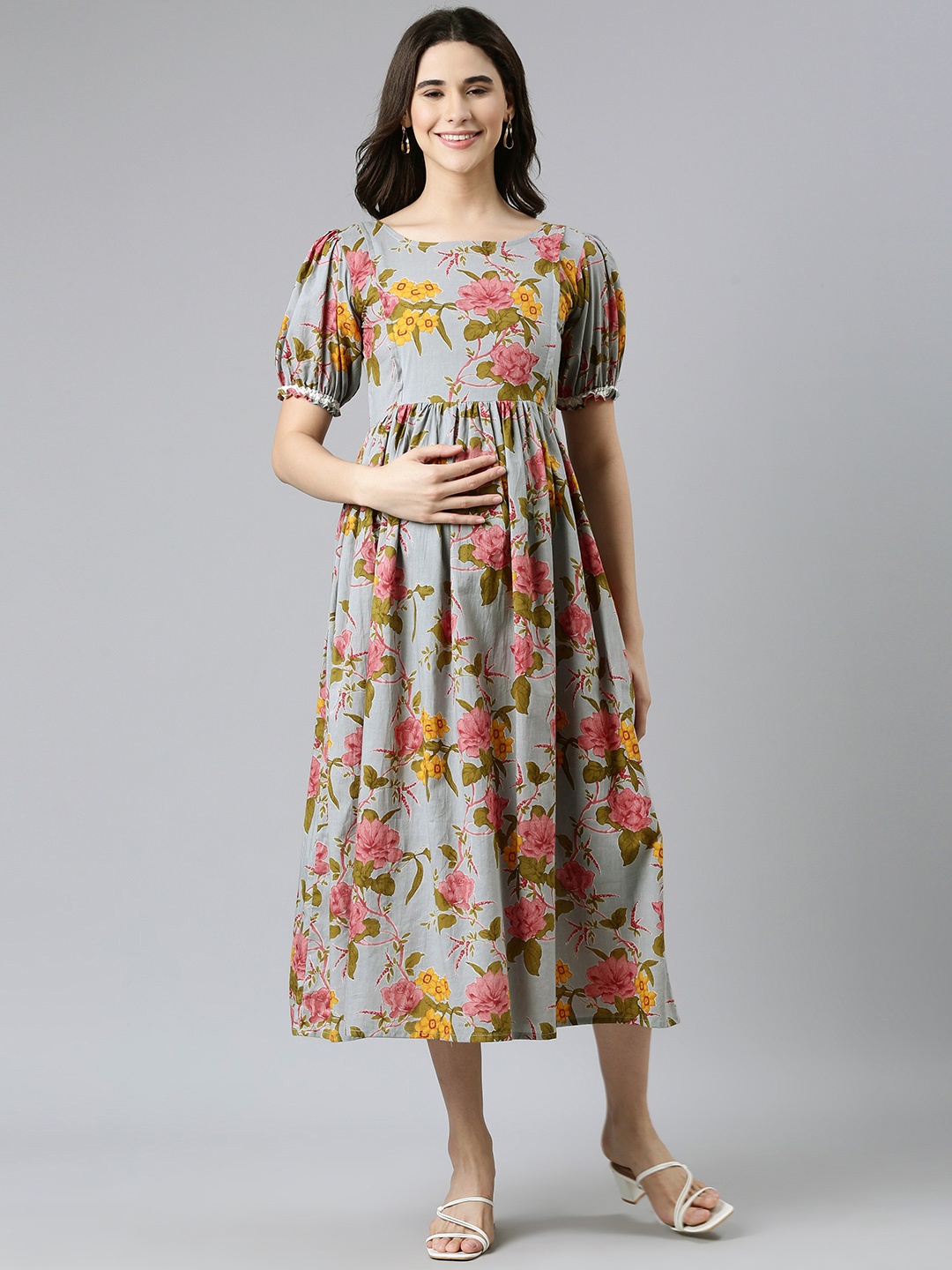 

Swishchick Floral Print Puff Sleeves Maternity Fit & Flare Midi Dress, Blue