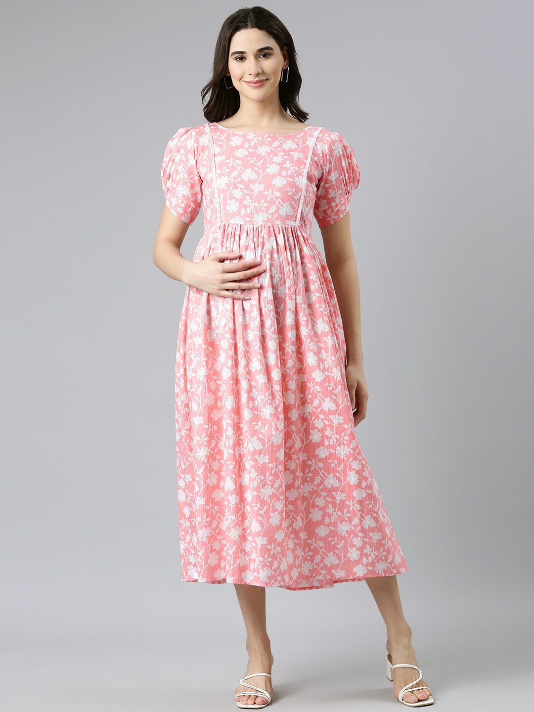 

Swishchick Floral Print Puff Sleeves Maternity Fit & Flare Midi Dress, Peach
