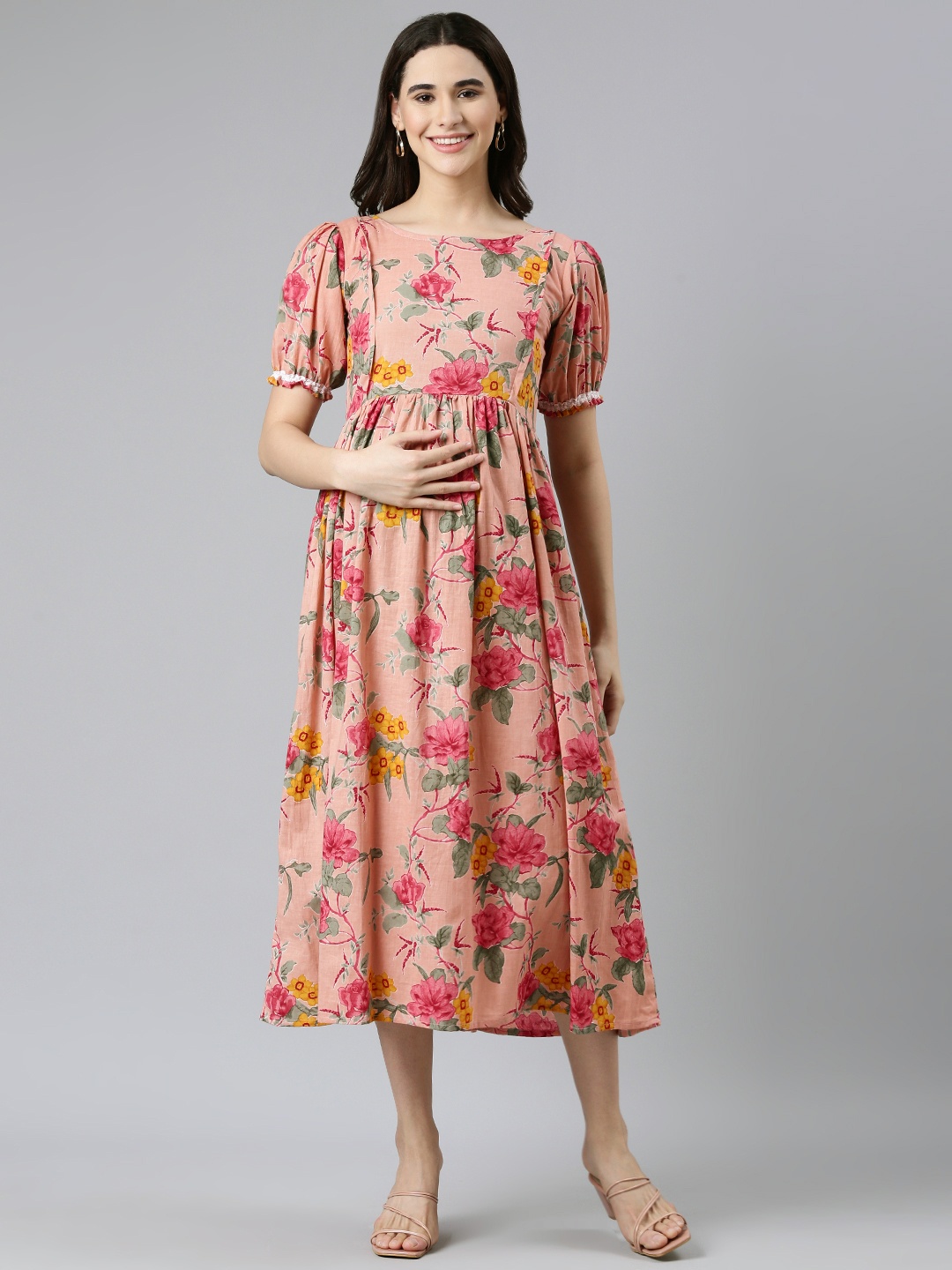 

Swishchick Floral Print Puff Sleeves Maternity Fit & Flare Midi Dress, Pink