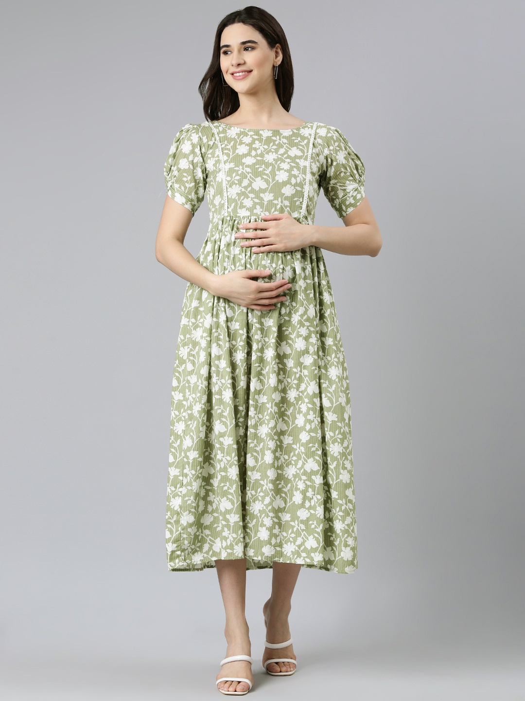 

Swishchick Floral Print Kantha Work Puff Sleeves Maternity Fit & Flare Midi Dress, Olive