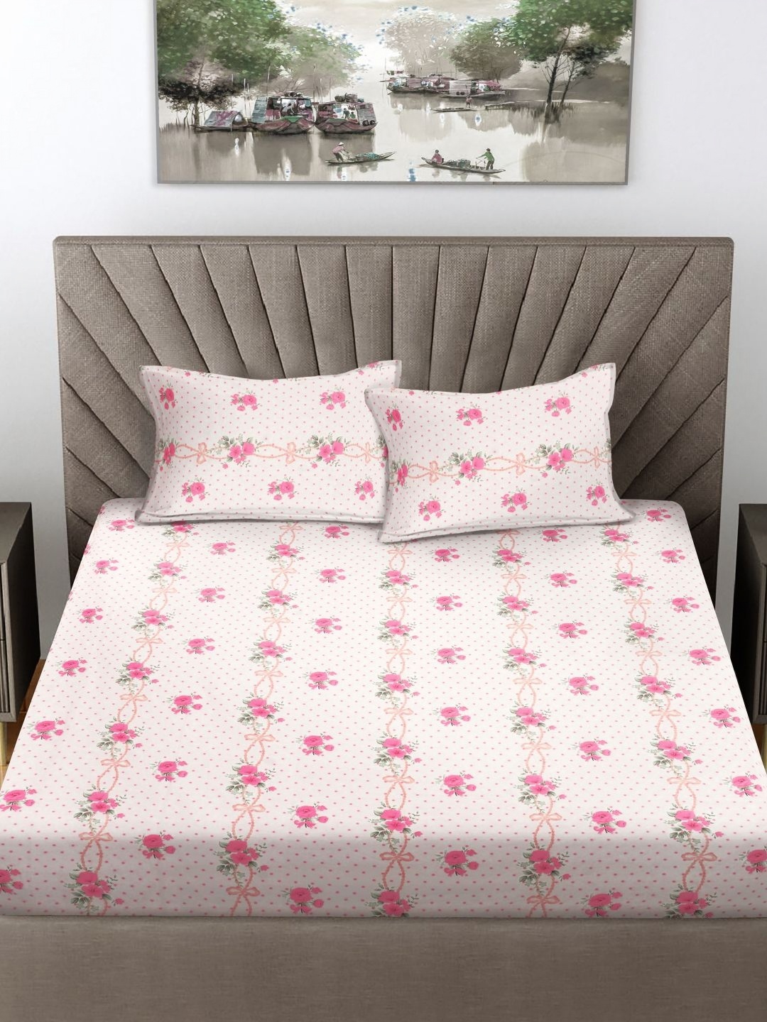 

FABINALIV White & Pink Floral Print 300 TC Fitted King Bedsheet & 2 Pillow Covers