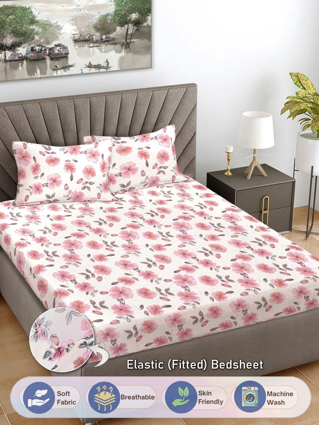 

FABINALIV White & Pink Floral Print 300 TC Fitted King Bedsheet & 2 Pillow Covers