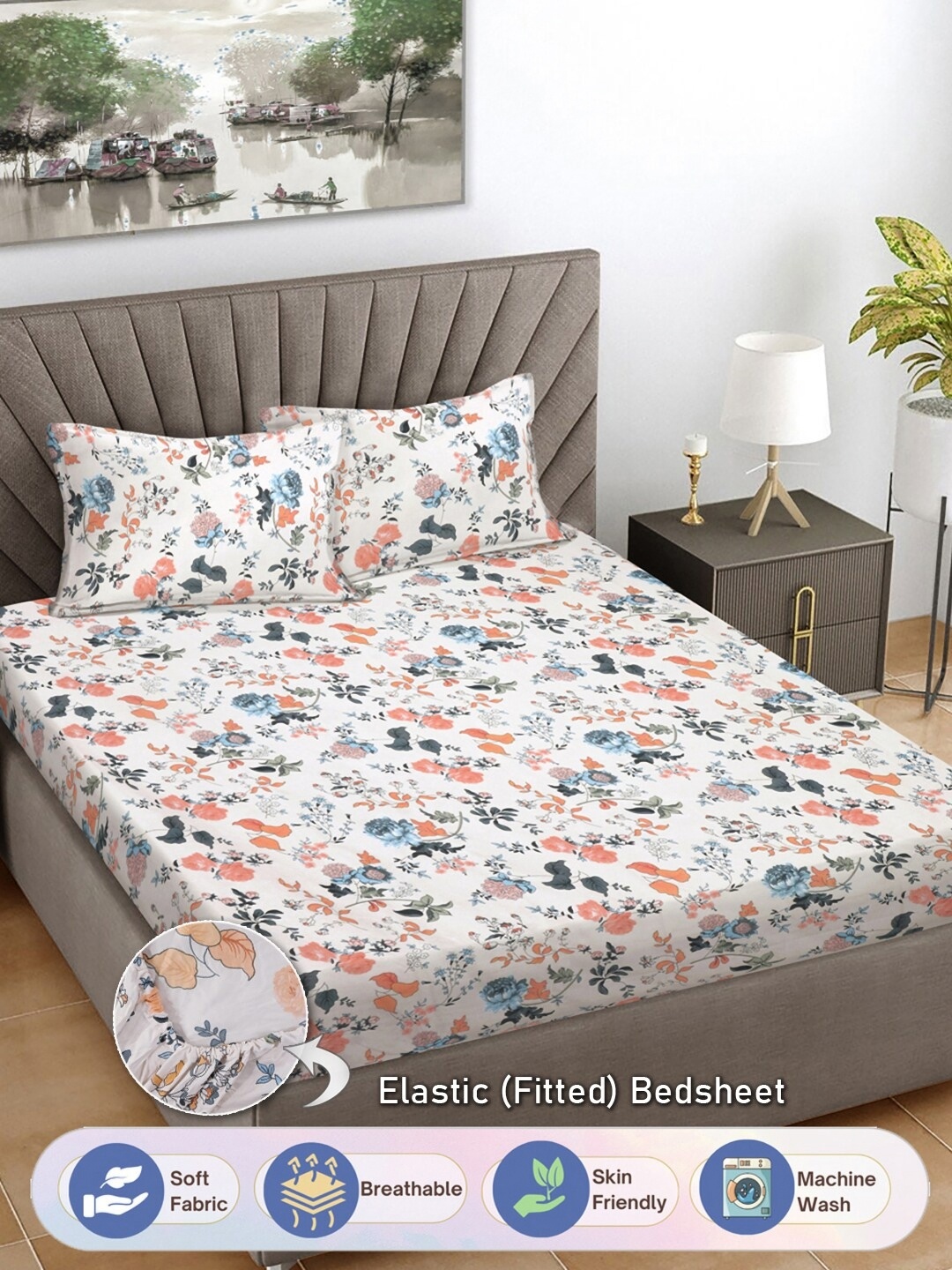 

FABINALIV White & Blue Floral Print 300 TC Fitted King Bedsheet & 2 Pillow Covers
