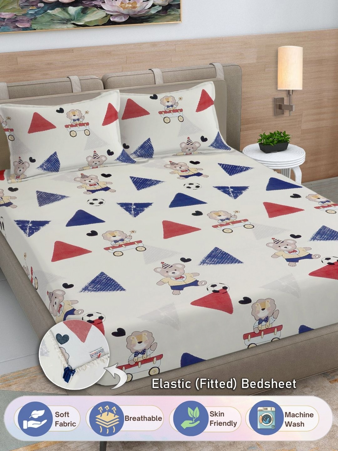 

FABINALIV Cream & Red Cartoon Print 300 TC Fitted King Bedsheet & 2 Pillow Covers