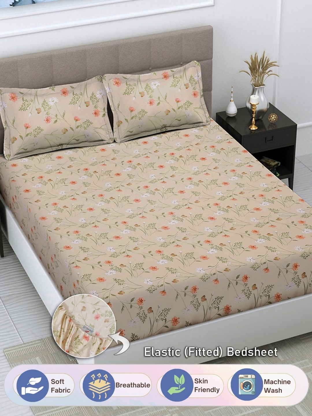 

FABINALIV Brown & Green Floral Print 300 TC Fitted King Bedsheet & 2 Pillow Covers