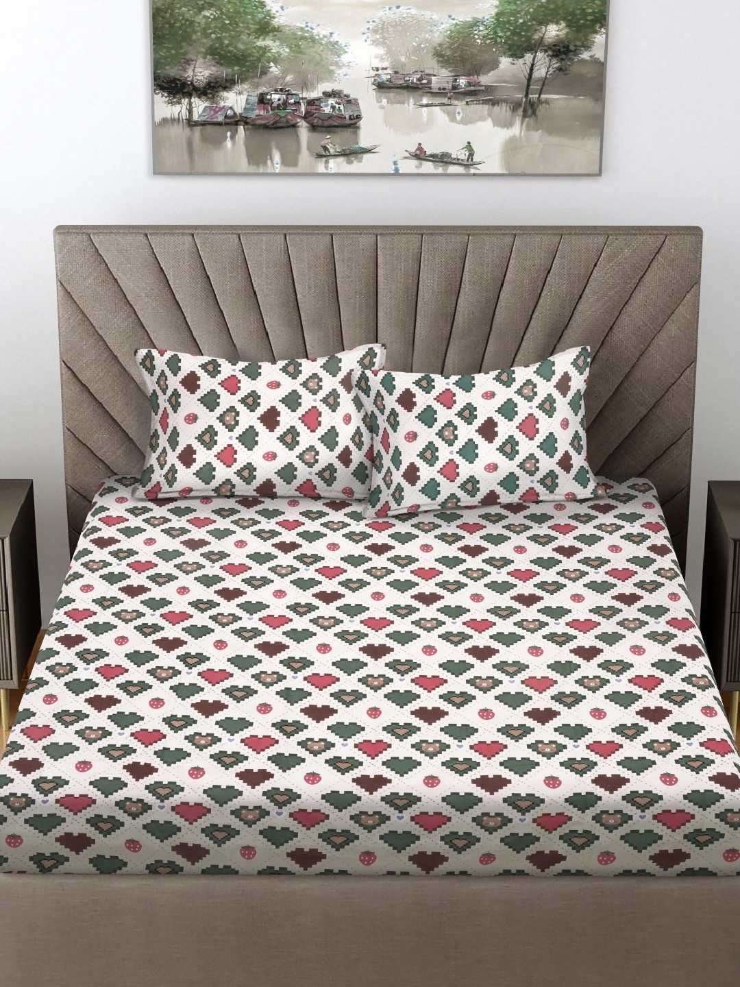 

FABINALIV White & Green Cartoon Print 300 TC Fitted King Bedsheet & 2 Pillow Covers