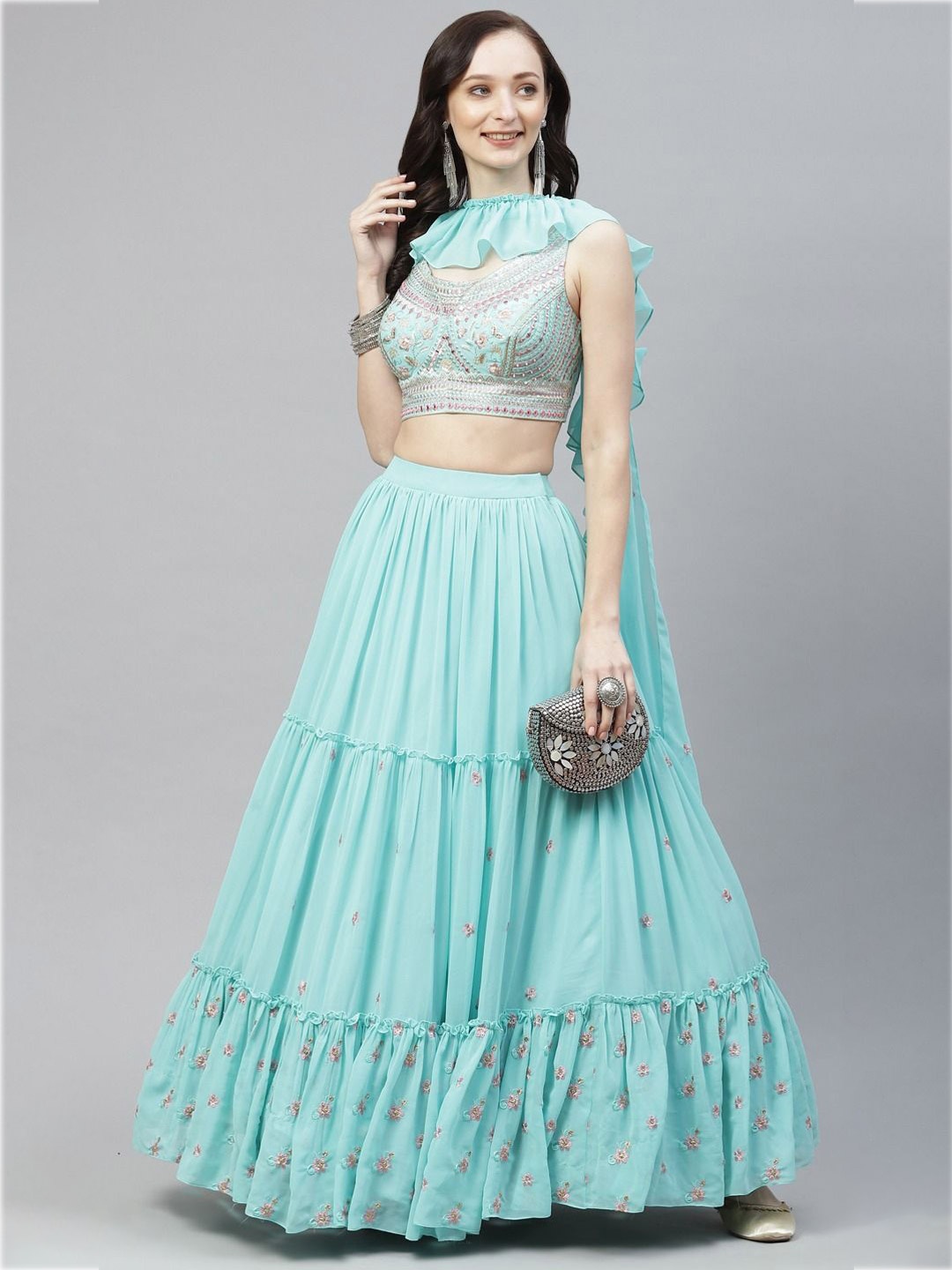 

Fusionic Embroidered Sequinned Semi-Stitched Lehenga & Blouse With Dupatta, Turquoise blue