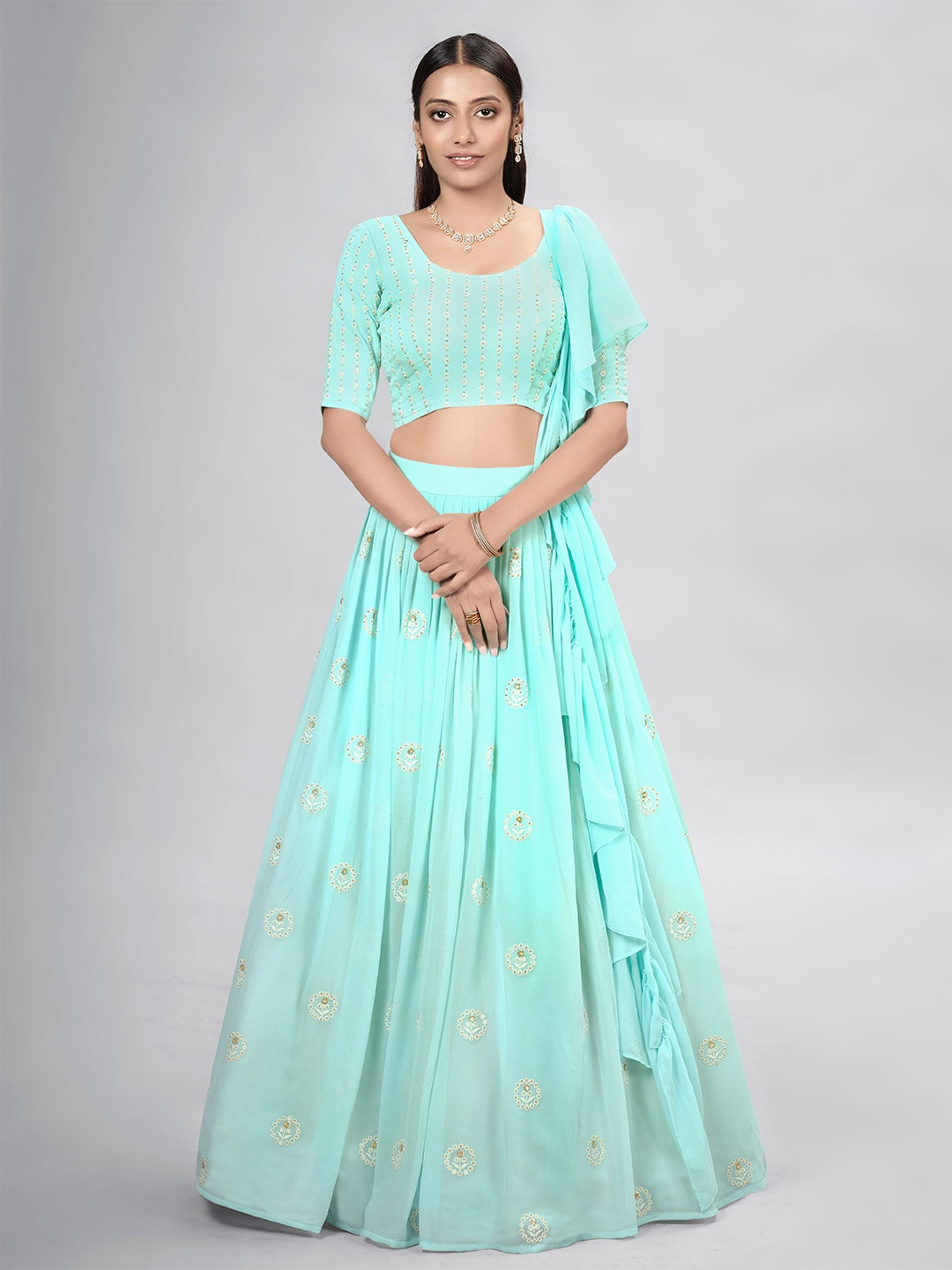 

Fusionic Embroidered Thread Work Semi-Stitched Lehenga & Blouse With Dupatta, Blue