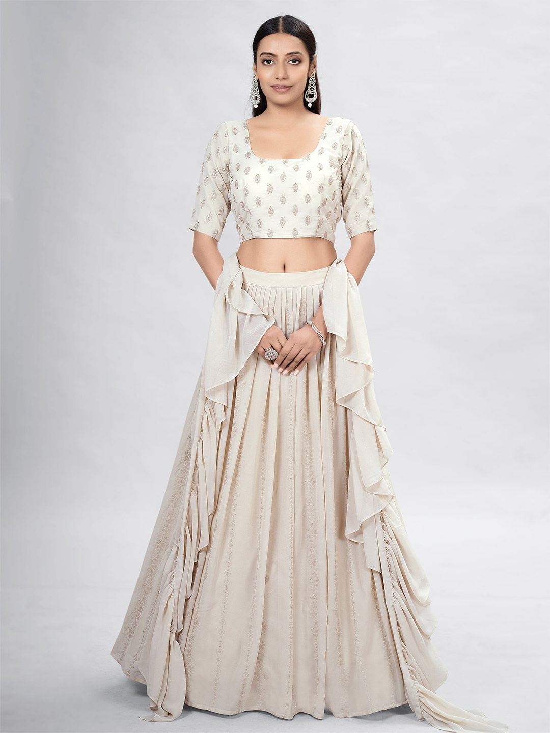 

Fusionic Embroidered Sequinned Semi-Stitched Lehenga & Blouse With Dupatta, Beige